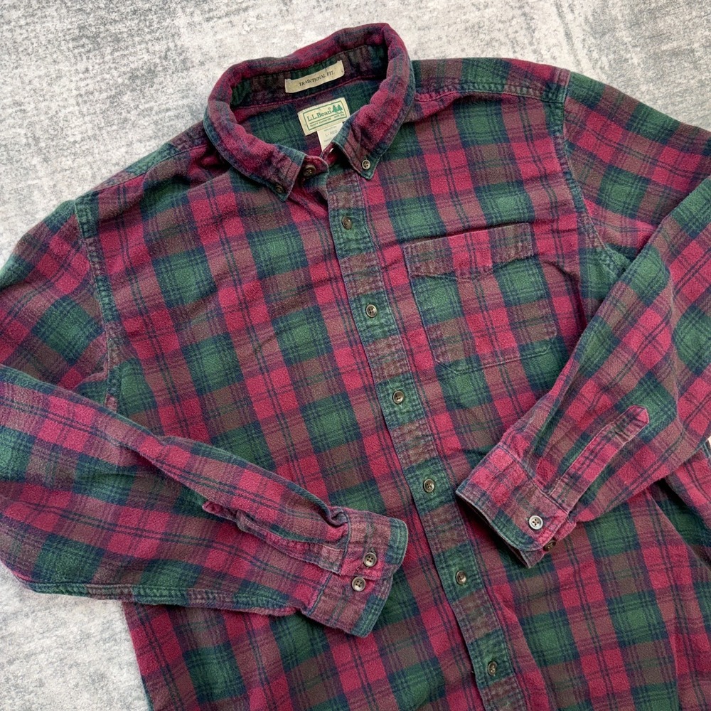 LL Bean Flannel Shirt Mens Large Red Green Tartan Plaid Button Down Chore Work